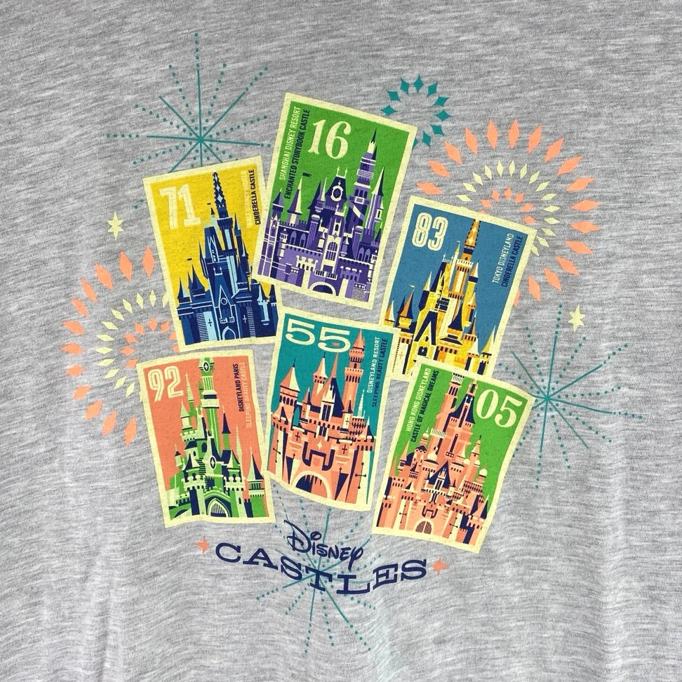 Disney Kids Girls Gray Castle Stamps Graphic Short Sleeve T Shirt Tee Top Size S - Image 3