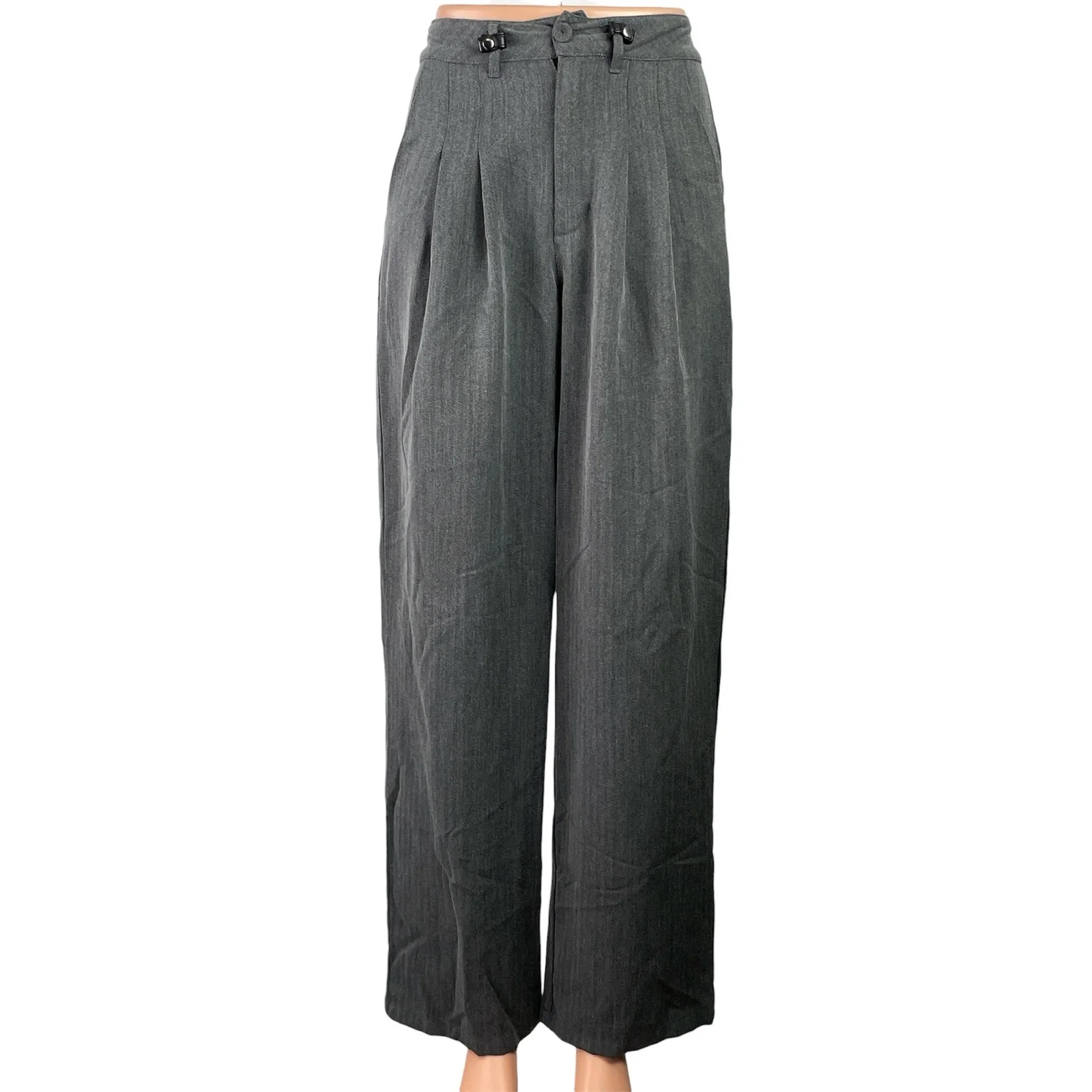 Disturbia Gray Herrongbone Pleated High Waist Wide Leg Trousers Dress Pants Sz 2