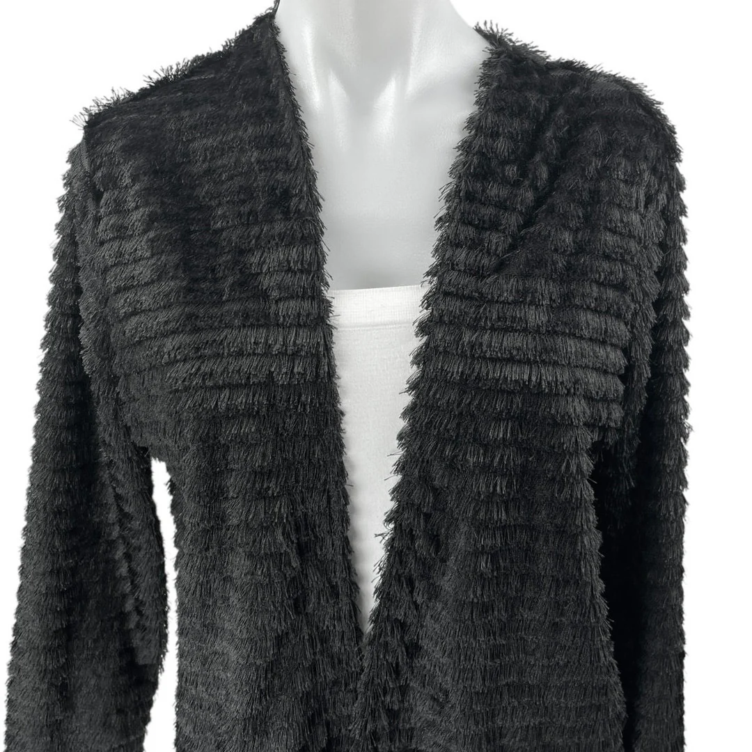 Divided by H&M Black Faux Fur Ribbed Tiered Open Cardigan Sweater Top Size M - Image 3