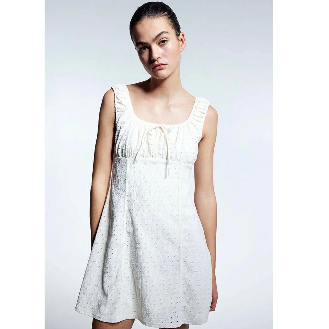 Divided by H&M White Embroidered Tie Neck Sleeveless Babydoll Mini Dress Size XS - Image 2