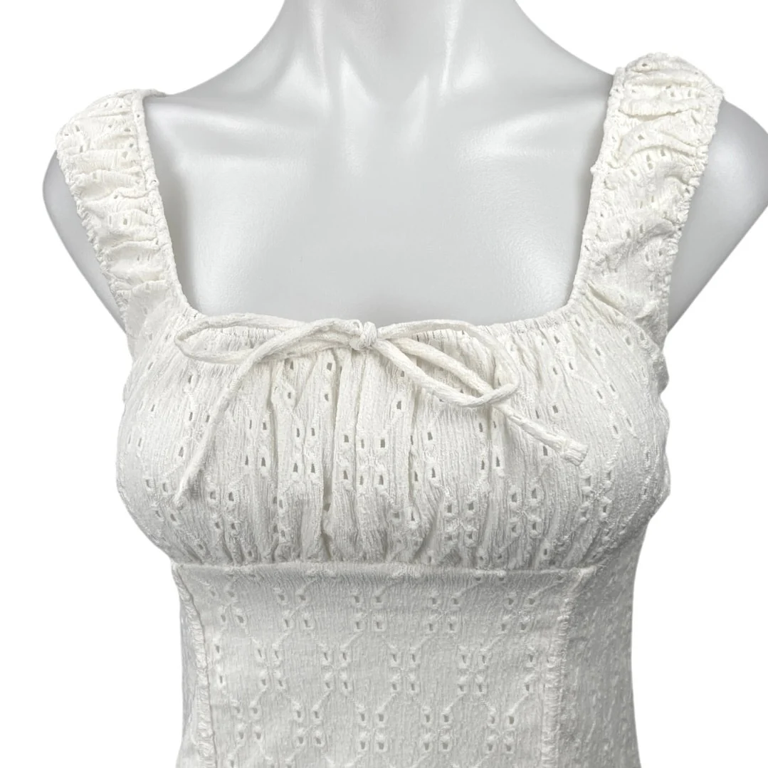 Divided by H&M White Embroidered Tie Neck Sleeveless Babydoll Mini Dress Size XS - Image 6
