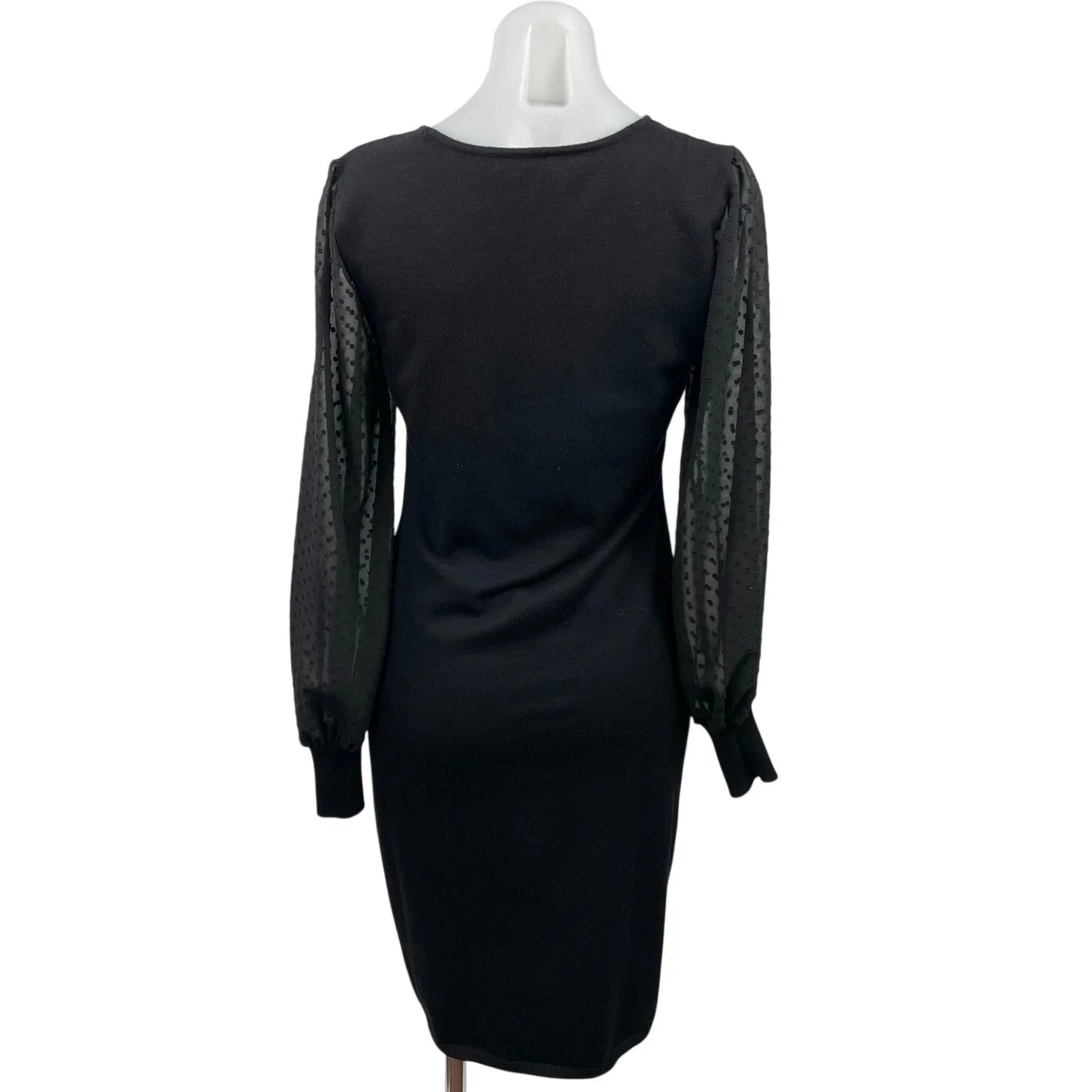 DKNY Black Polka Dot Mesh Crew Neck Long Balloon Sleeve Mini Sheath Dress Size M - Image 3