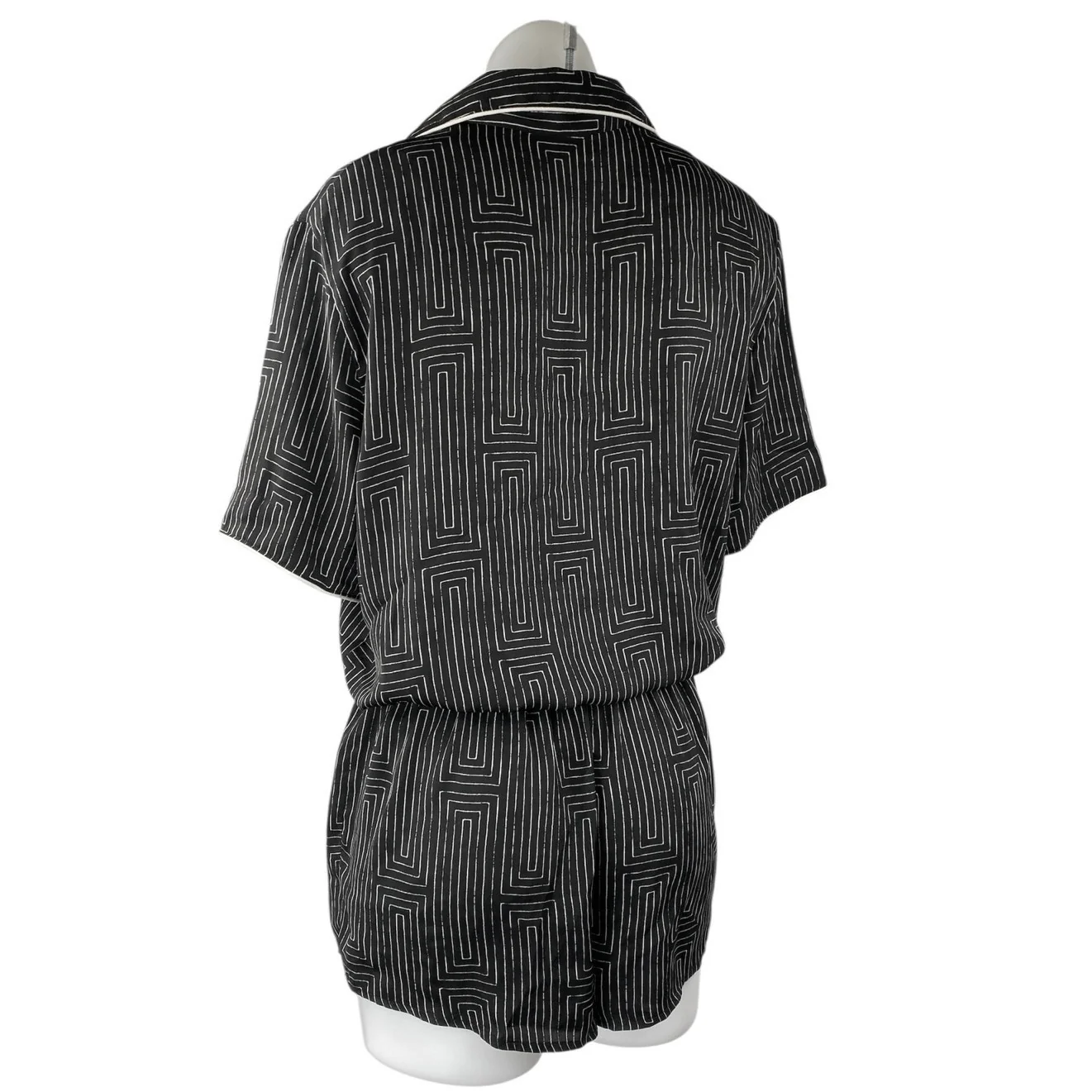 DKNY Black White Striped Geometric Short Sleeve Button Up Romper Shorts Size S - Image 2