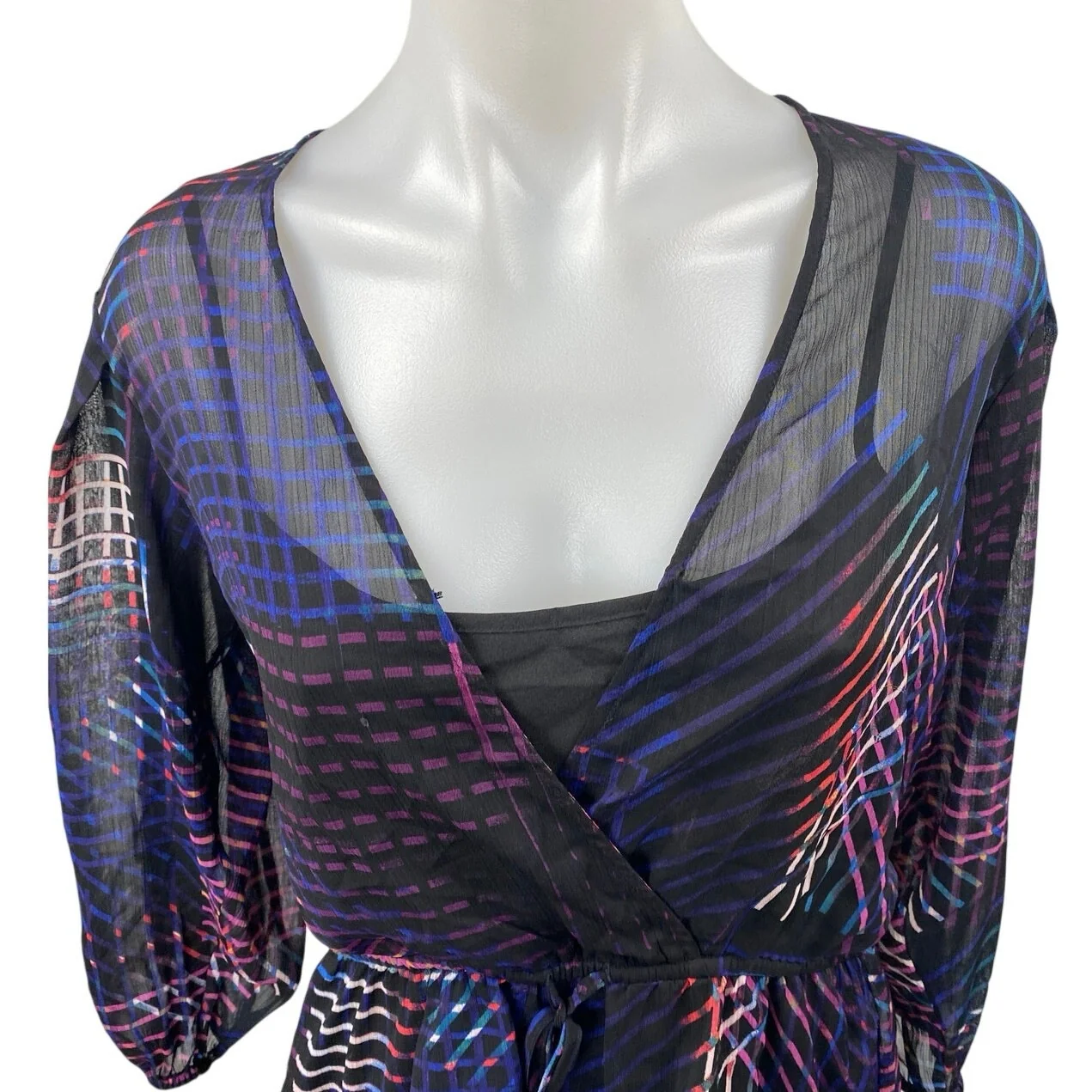 DKNY Blue Multicolor Striped Long Balloon Sleeve Sheer Peplum Wrap Blouse Top S - Image 3