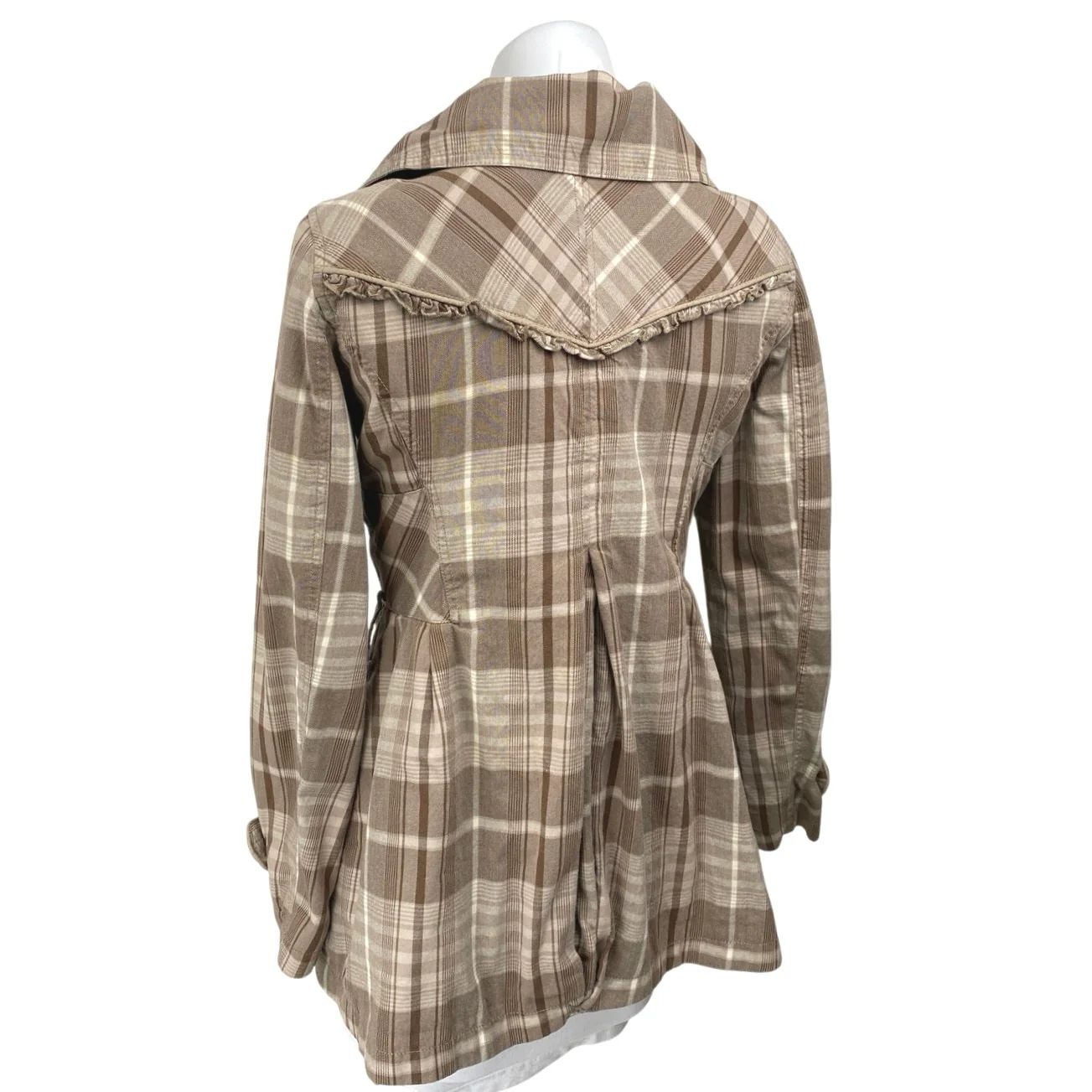 DKNY Brown Tan Plaid Checkered Double Breasted Long Sleeve Trench Coat Jacket M - Image 2