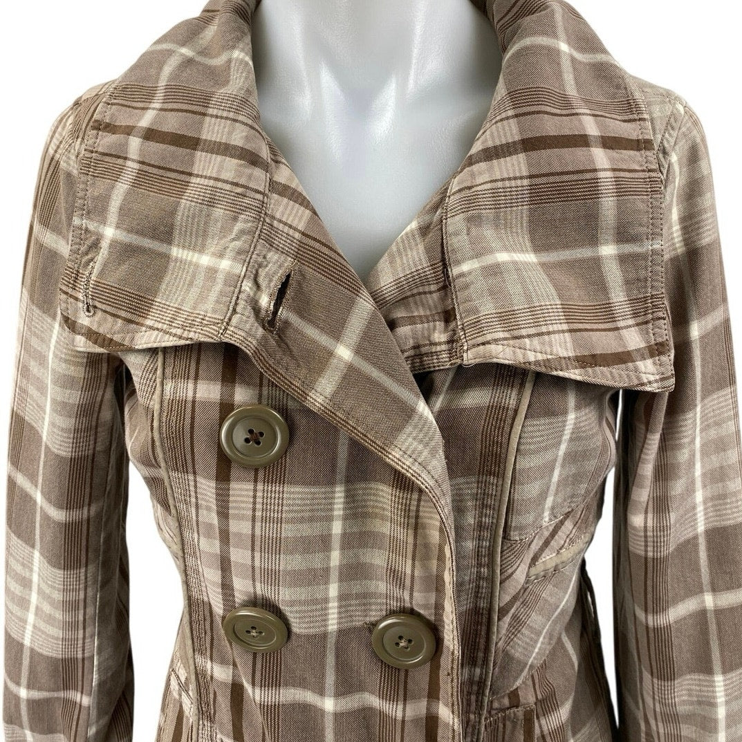 DKNY Brown Tan Plaid Checkered Double Breasted Long Sleeve Trench Coat Jacket M - Image 3