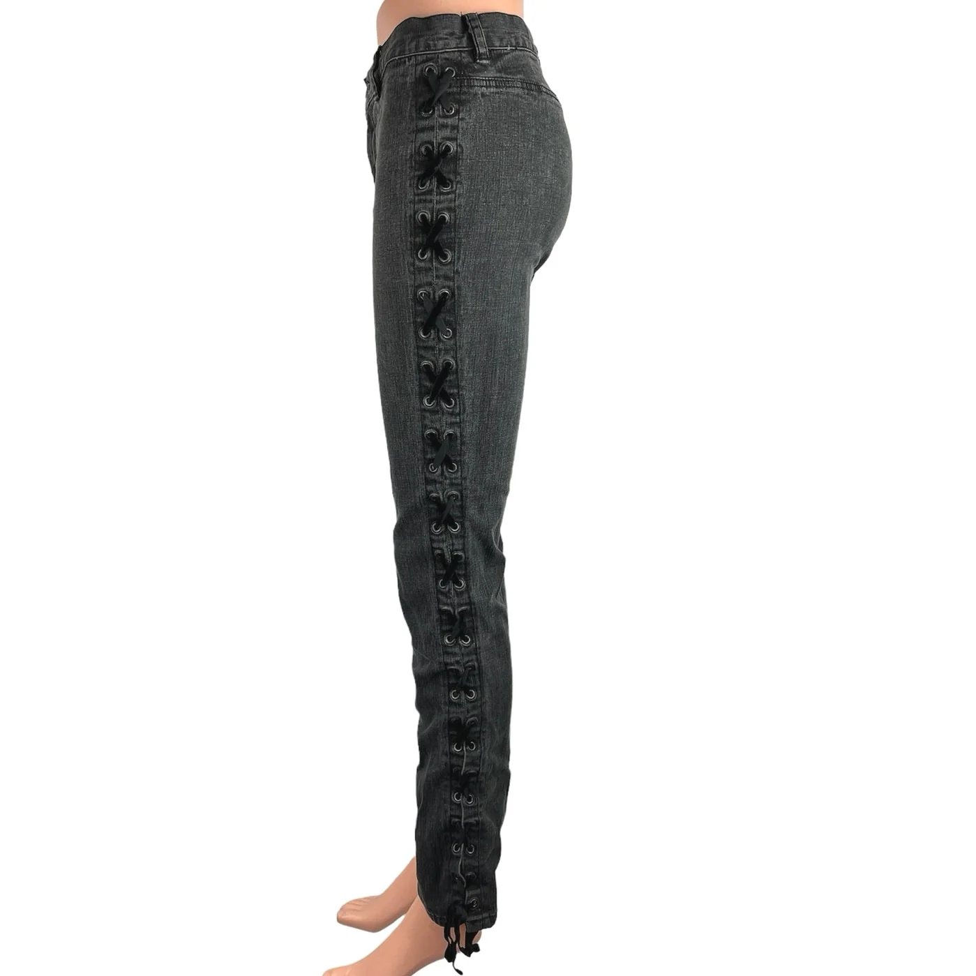 DKNY Jeans Women Black Mid Rise Flat Front Side Corset Lace Skinny Denim Jeans 3 - Image 2