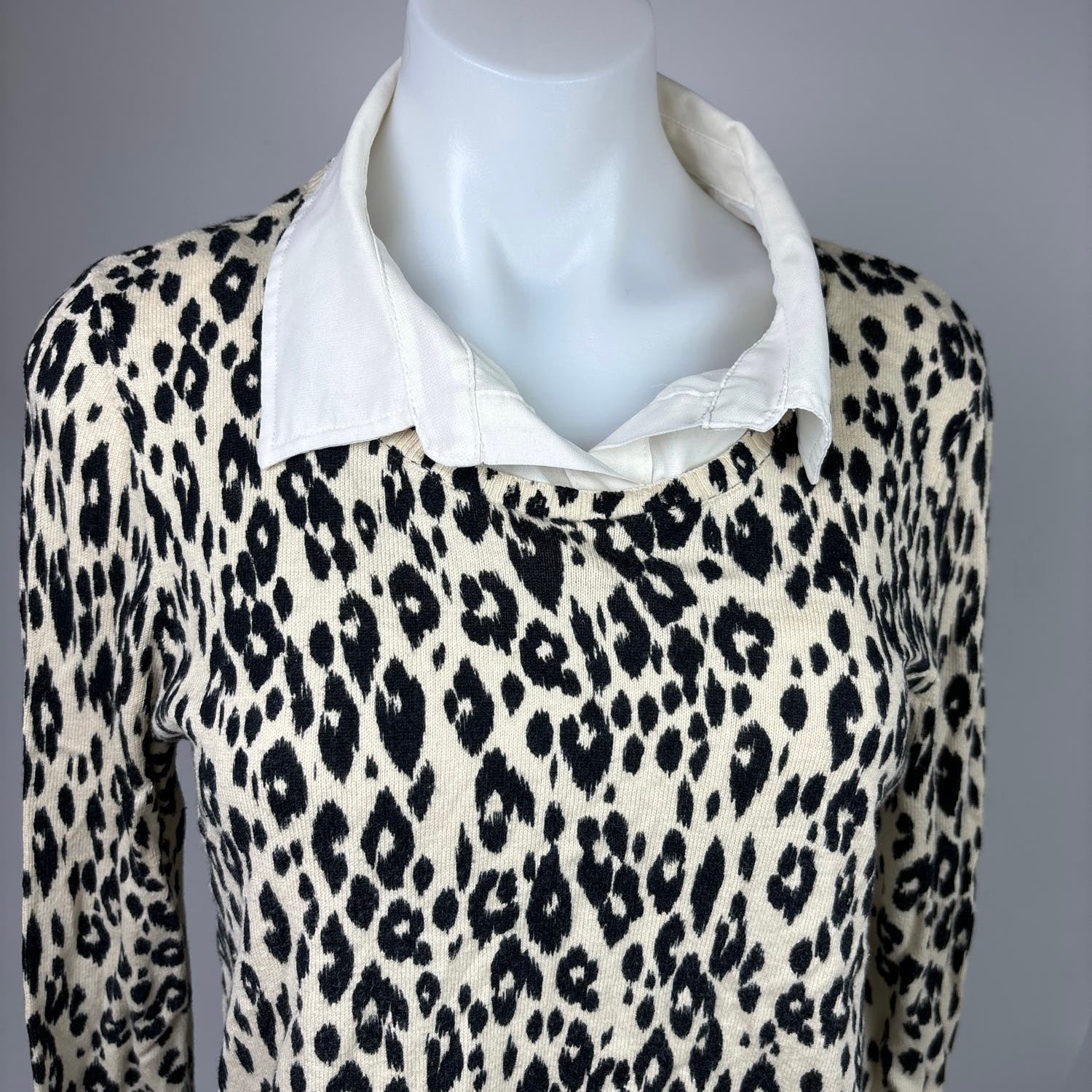 DKNY NWOT Black White Leopard Print Layered Long Sleeve Collar Sweater Top Sz L - Image 5
