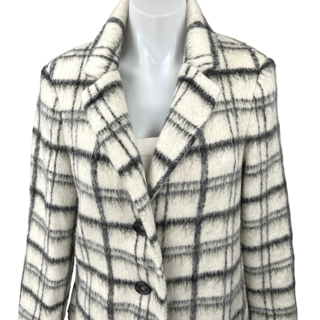 DKNY Women's Cream Black Plaid Button Up Mid Length Trench Coat Jacket Size 6 - Image 3