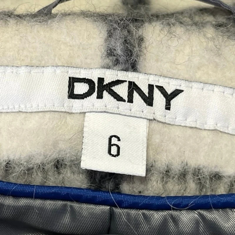 DKNY Women's Cream Black Plaid Button Up Mid Length Trench Coat Jacket Size 6 - Image 4