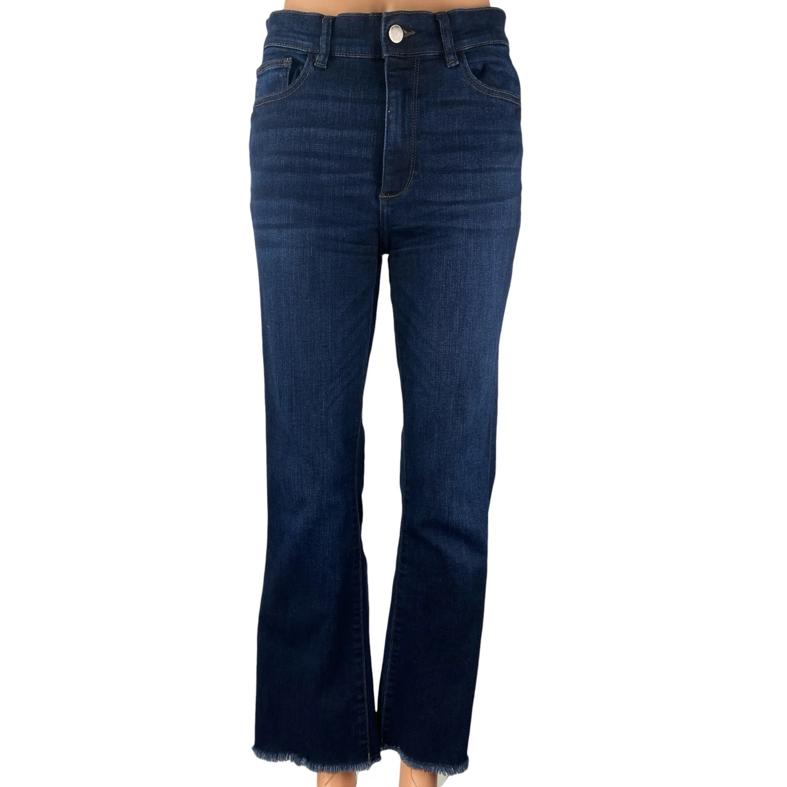 DL1961 Dark Blue Frayed Raw Hem Bootcut Denim High Rise Flare Jeans Pants Sz 27