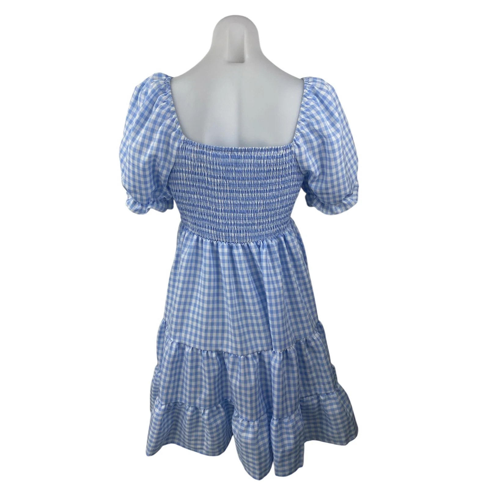 Dokuritu Blue Checkered Short Puff Sleeve Tiered Smocked Mini A-Line Dress Sz M - Image 2