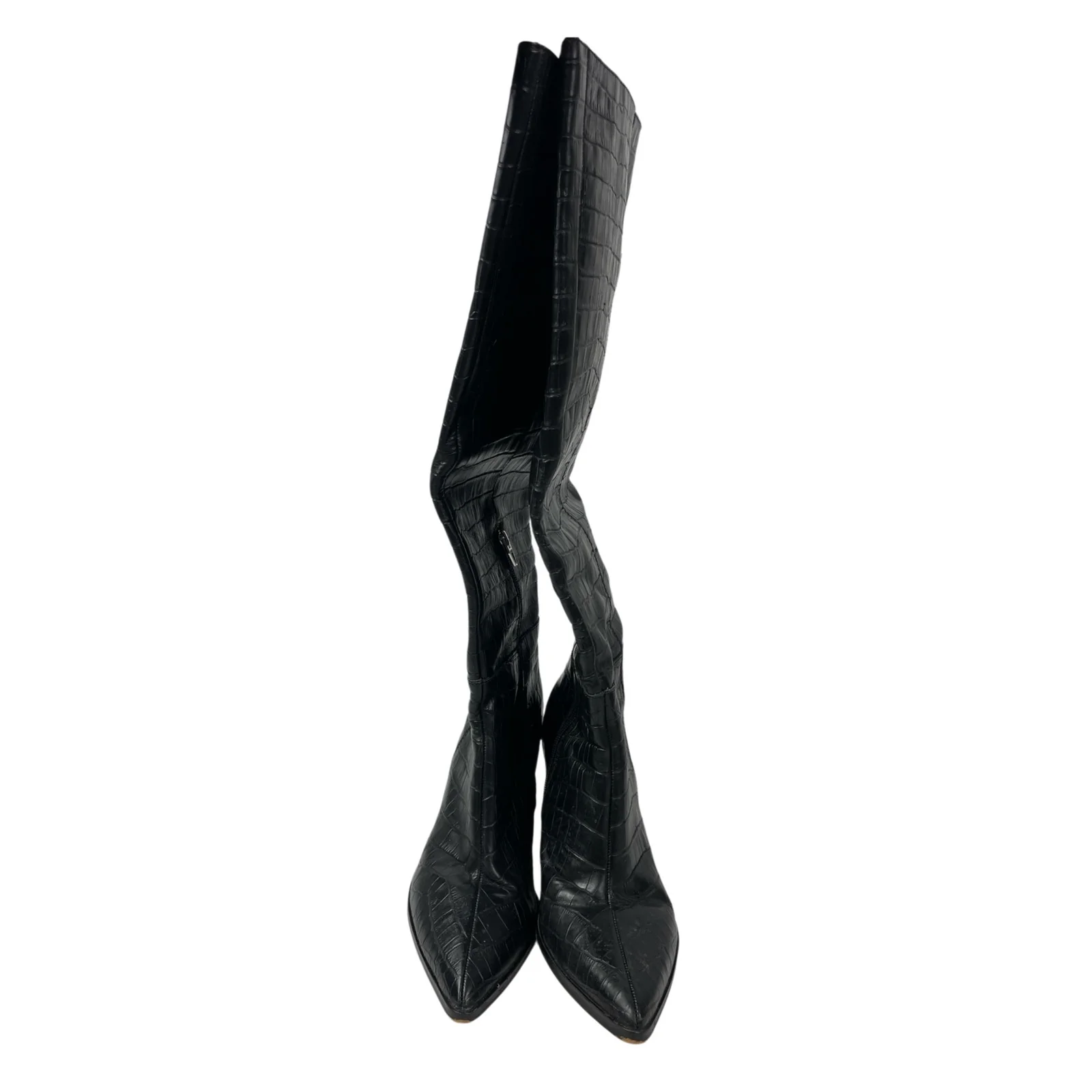 Dolce Vita Black Leather Crocodile Print Pointed Toe Knee High Cowboy Boots 9.5 - Image 2