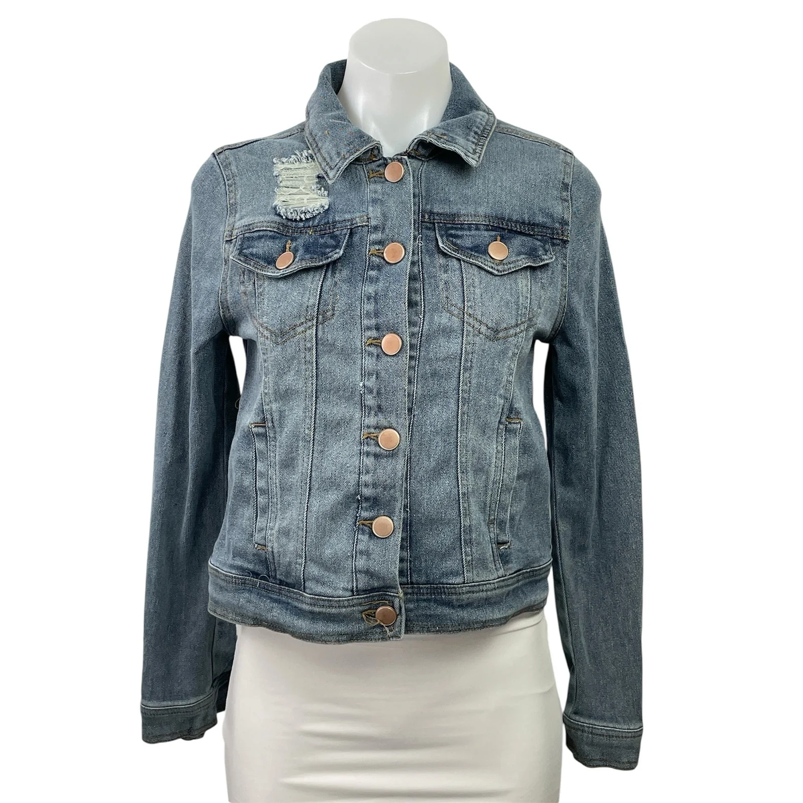 Dollhouse Women's Blue Long Sleeve Button Down Distressed Denim Jean Jacket S
