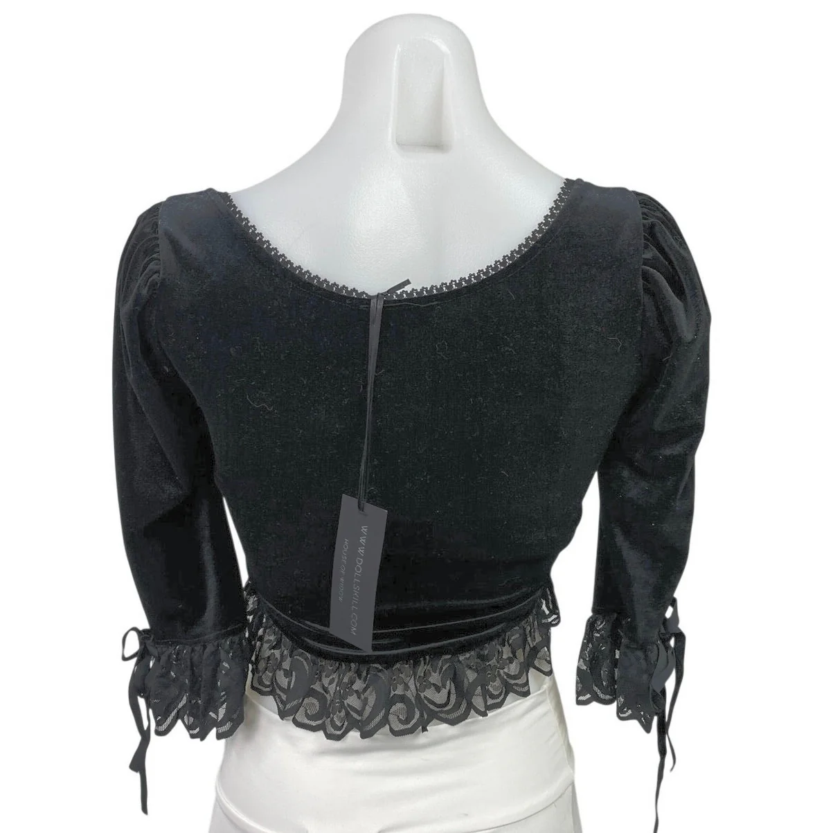Dolls Kill Widow Black Velvet Velour Lace Sheer 3/4 Sleeve Crop Blouse Top XXS - Image 3