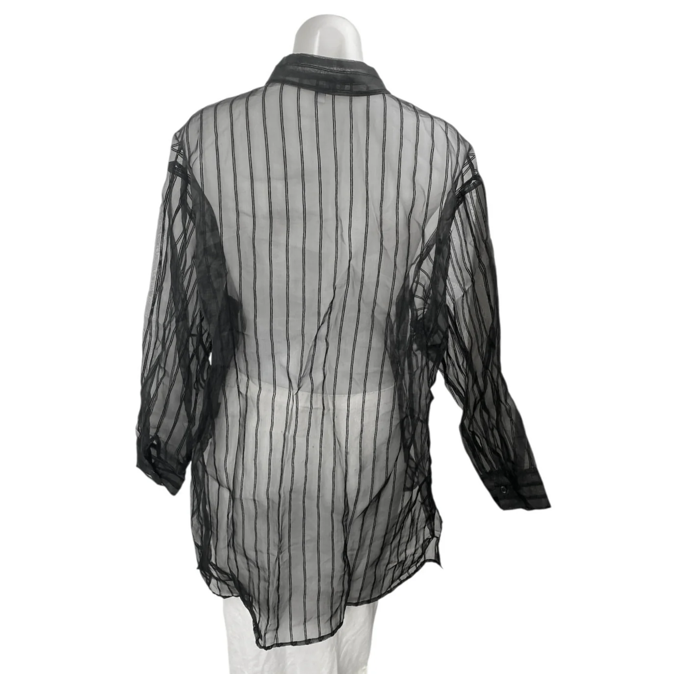 DR2 Women's Black Striped Long Sleeve Button Down Sheer Tunic Blouse Shirt Top M - Image 2