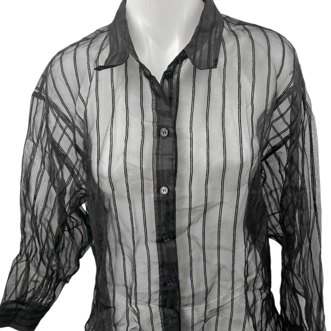 DR2 Women's Black Striped Long Sleeve Button Down Sheer Tunic Blouse Shirt Top M - Image 3