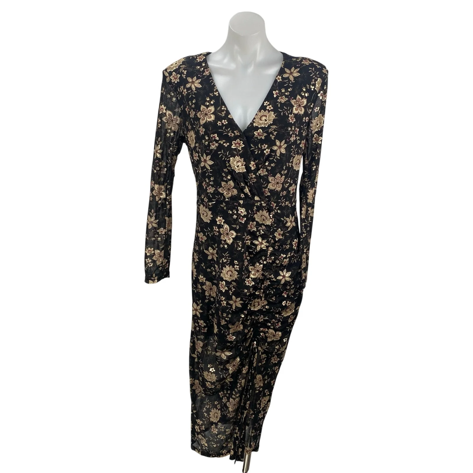Dress Forum Black Beige Floral Long Sleeve Faux Wrap Surplice Midi Dress Size L