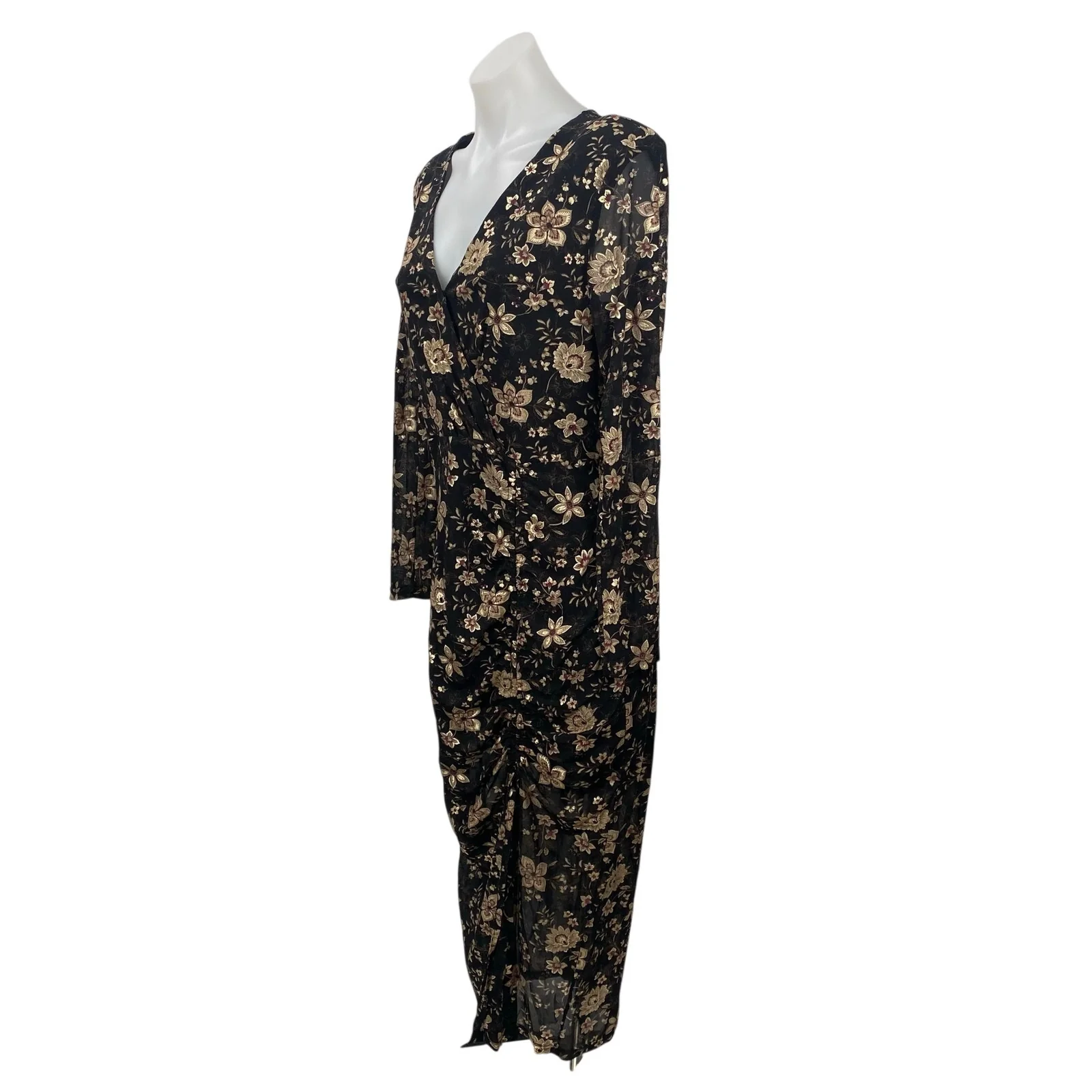 Dress Forum Black Beige Floral Long Sleeve Faux Wrap Surplice Midi Dress Size L - Image 3