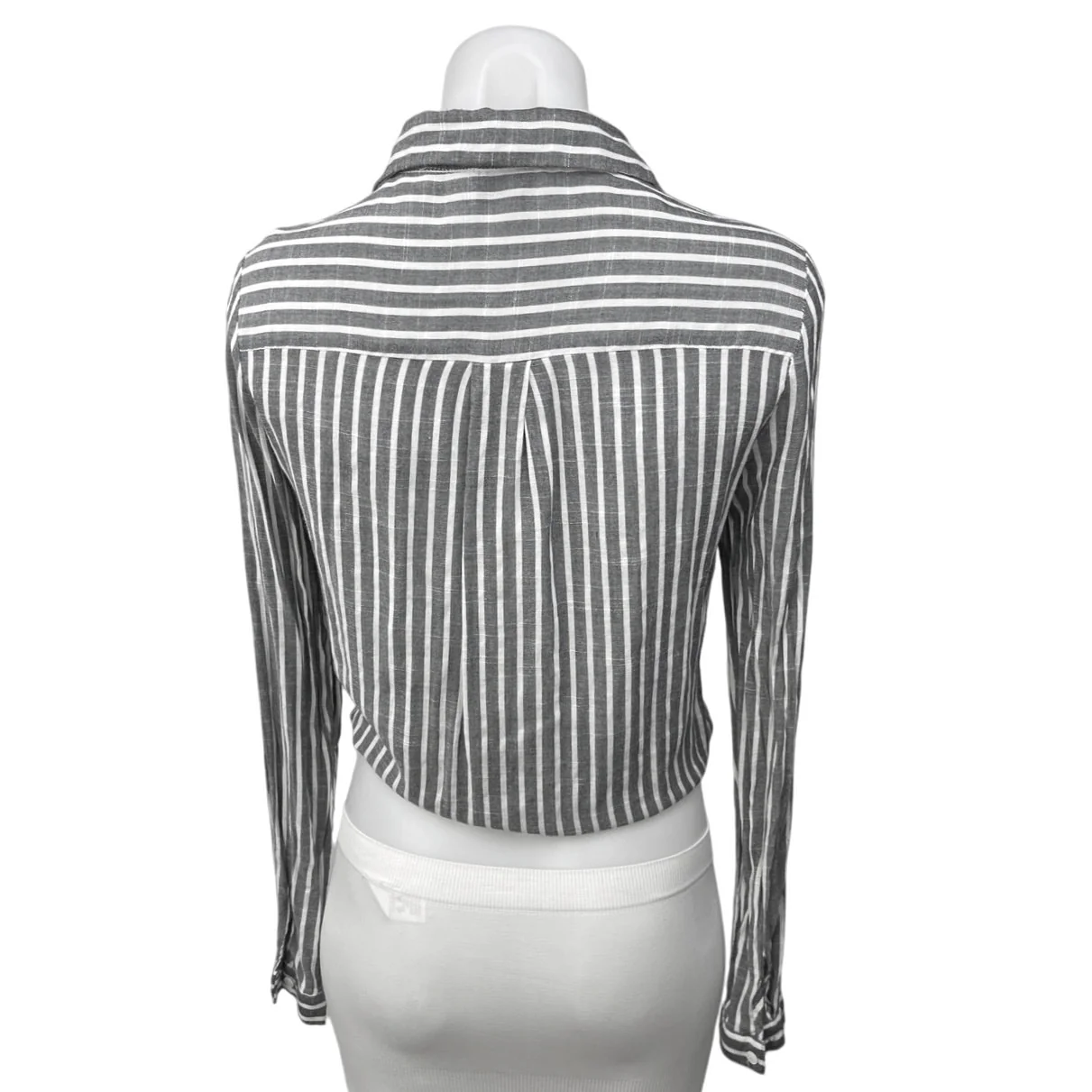 Dress Forum Gray Striped Tie Knot Button Up Long Sleeve Crop Shirt Blouse Top S - Image 2