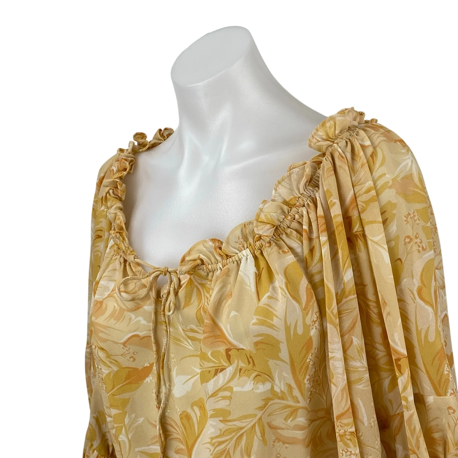 Dress Forum Women's Yellow Leaf Long Sleeve Tie Peplum Ruffle Blouse Top Size S - Image 2