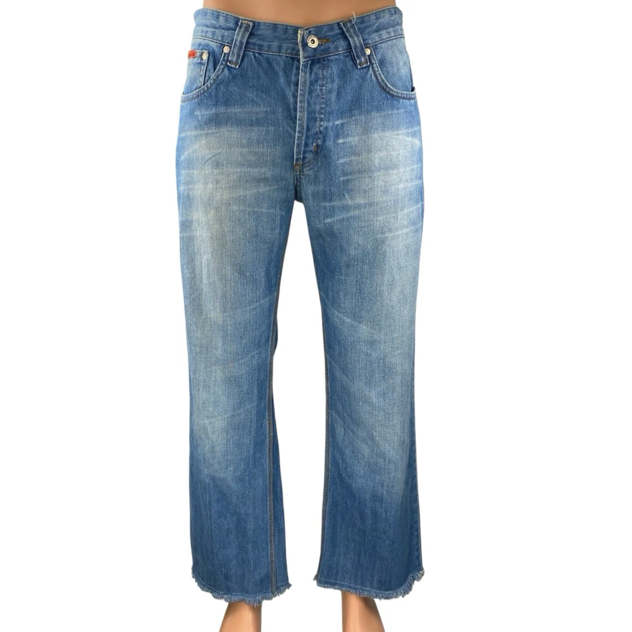 Dsquared2 Men's Blue Acid Wash Straight Leg Frayed Raw Hem Denim Jeans Pants 34