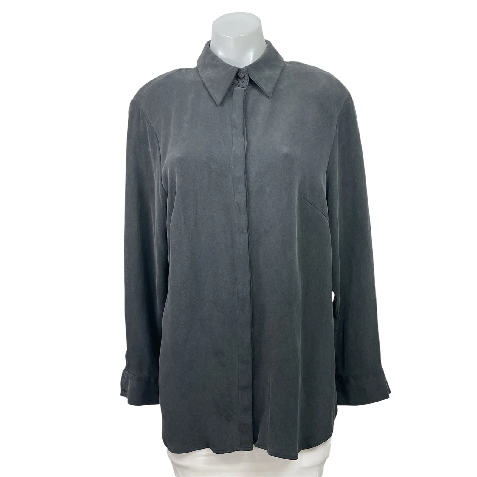 Due Per Due Women's Gray 100% Silk Long Sleeve Collared Button Down Shirt Sz 16W