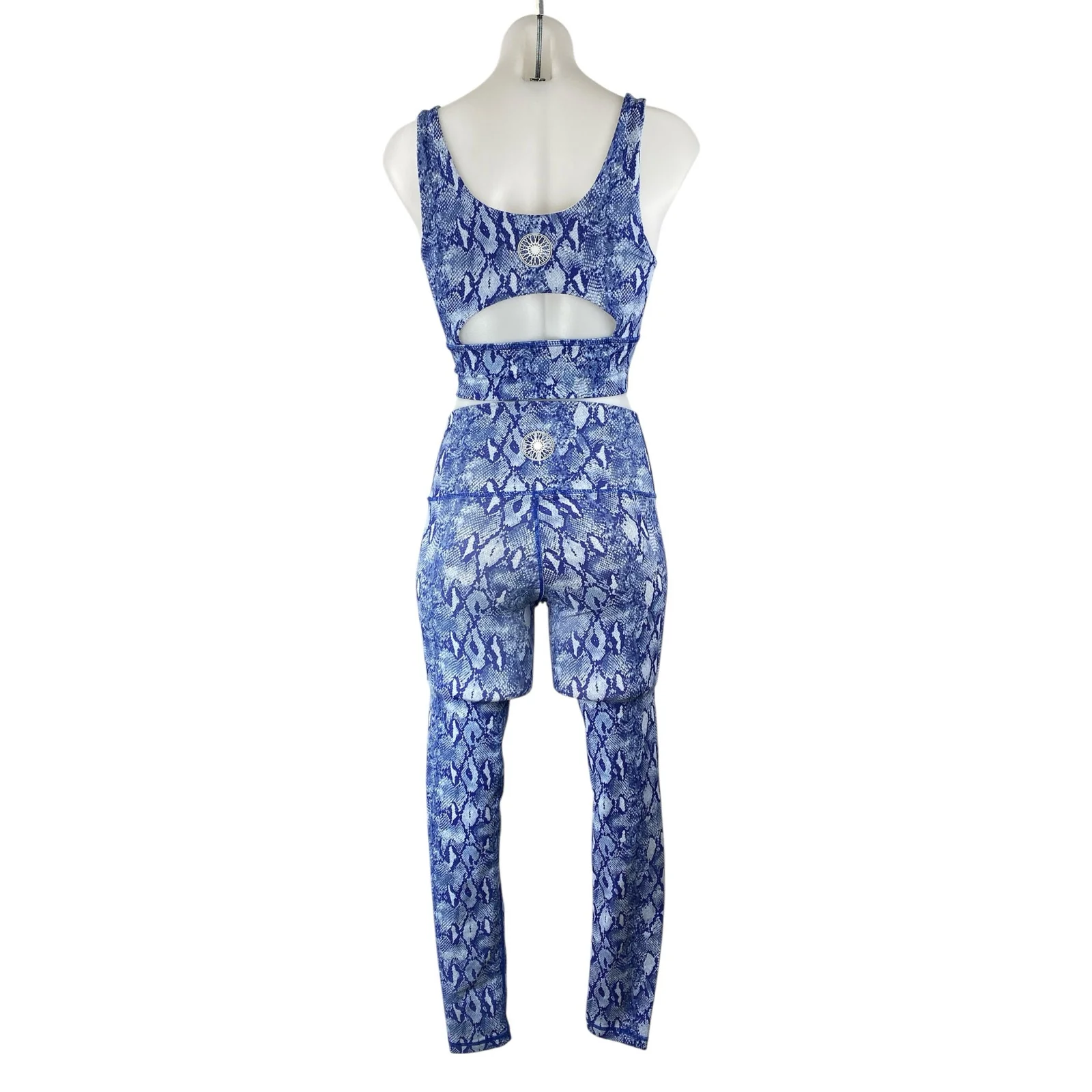 DYI Blue Snakeskin Athletic Yoga Crop Top High Rise Leggings Two Piece Set Sz S - Image 4