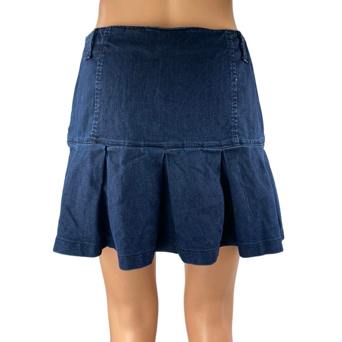 E-Land Blue Gold Button Flare Pleated Side Zip A Line Denim Jean Skirt Size S - Image 3
