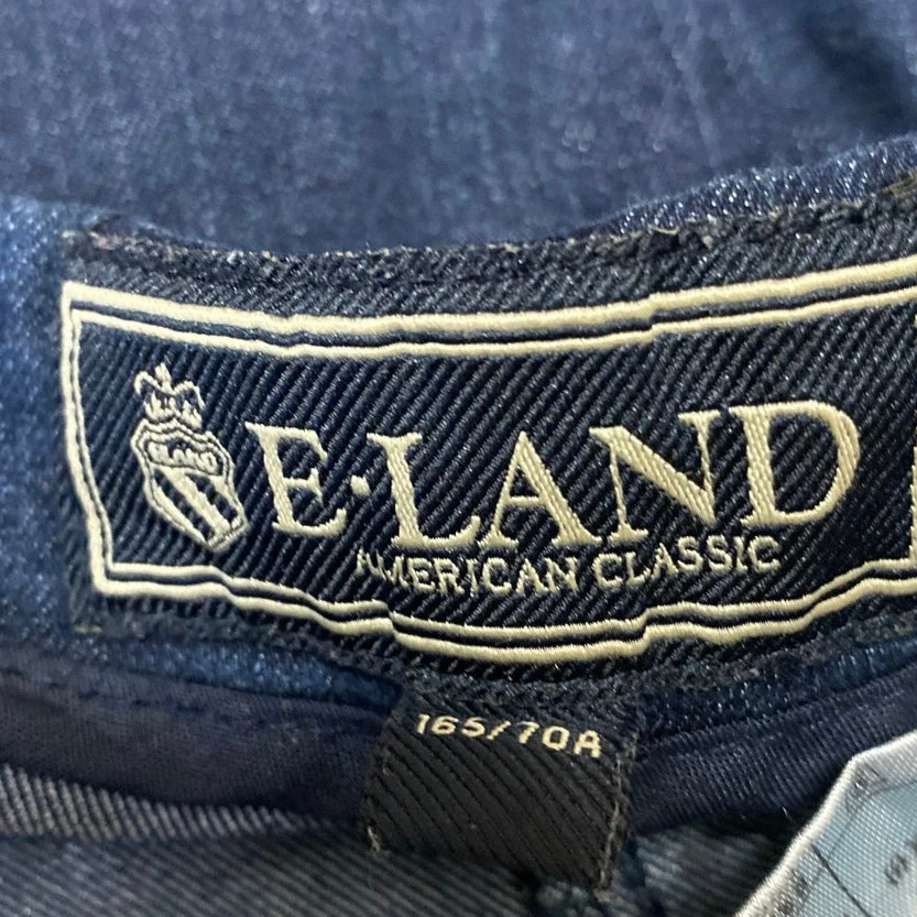 E-Land Blue Gold Button Flare Pleated Side Zip A Line Denim Jean Skirt Size S - Image 4