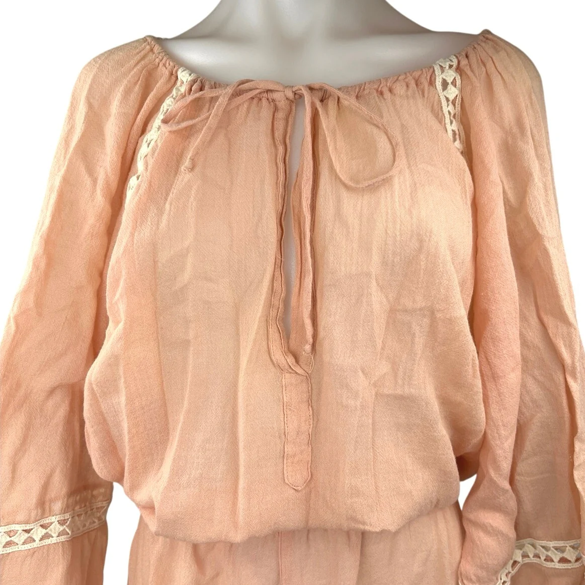 Eberjey Summer Of Love Orange Tie Neck Long Sleeve Lace Trim Jumpsuit Romper M - Image 3