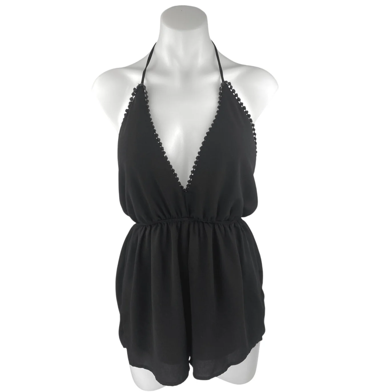 Ecote Black Halter Sleeveless Open Back Deep V Neck Pom Pom Romper Shorts Size M