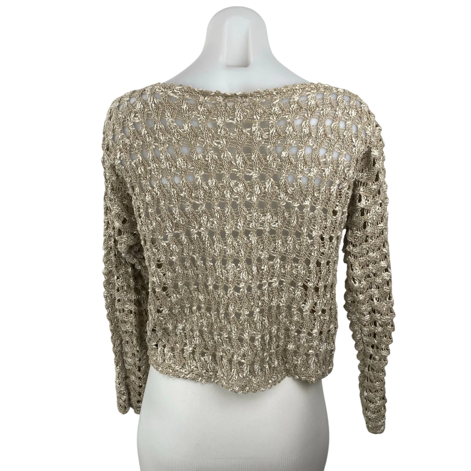 Ecote Women's Beige Crochet Open Knit Long Sleeve Cropped Sweater Top Size XS - Image 4