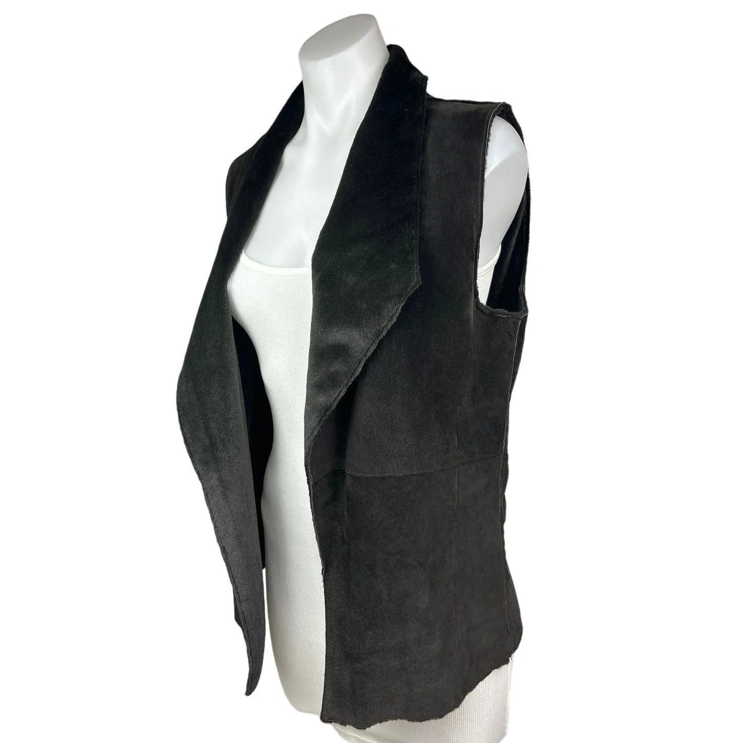Ecru $300 Genuine Suede Leather Brown Collared Sleeveless Fur Vest Jacket Size M - Image 3