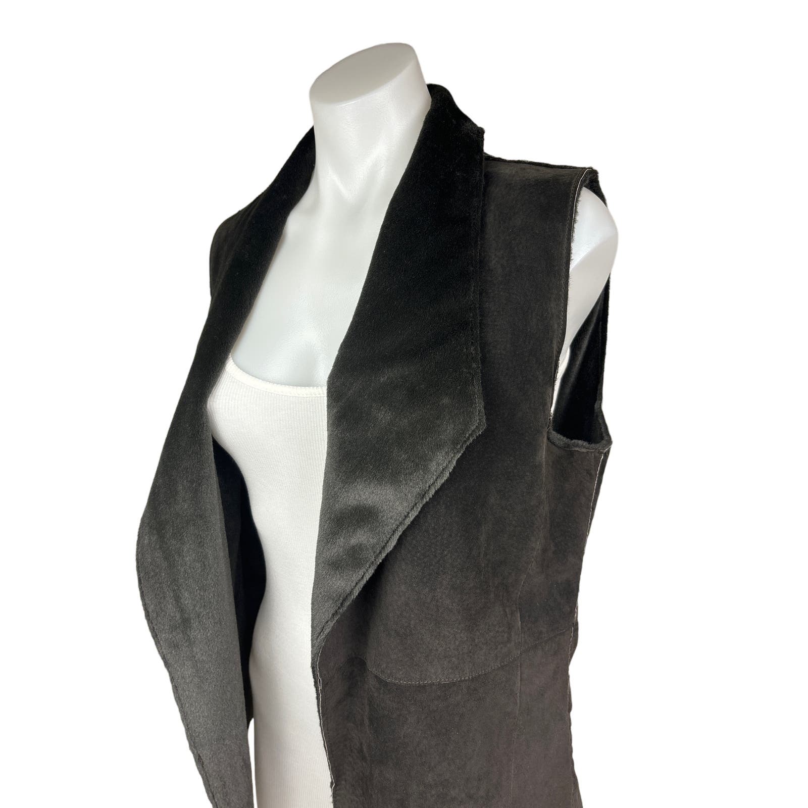 Ecru $300 Genuine Suede Leather Brown Collared Sleeveless Fur Vest Jacket Size M - Image 5