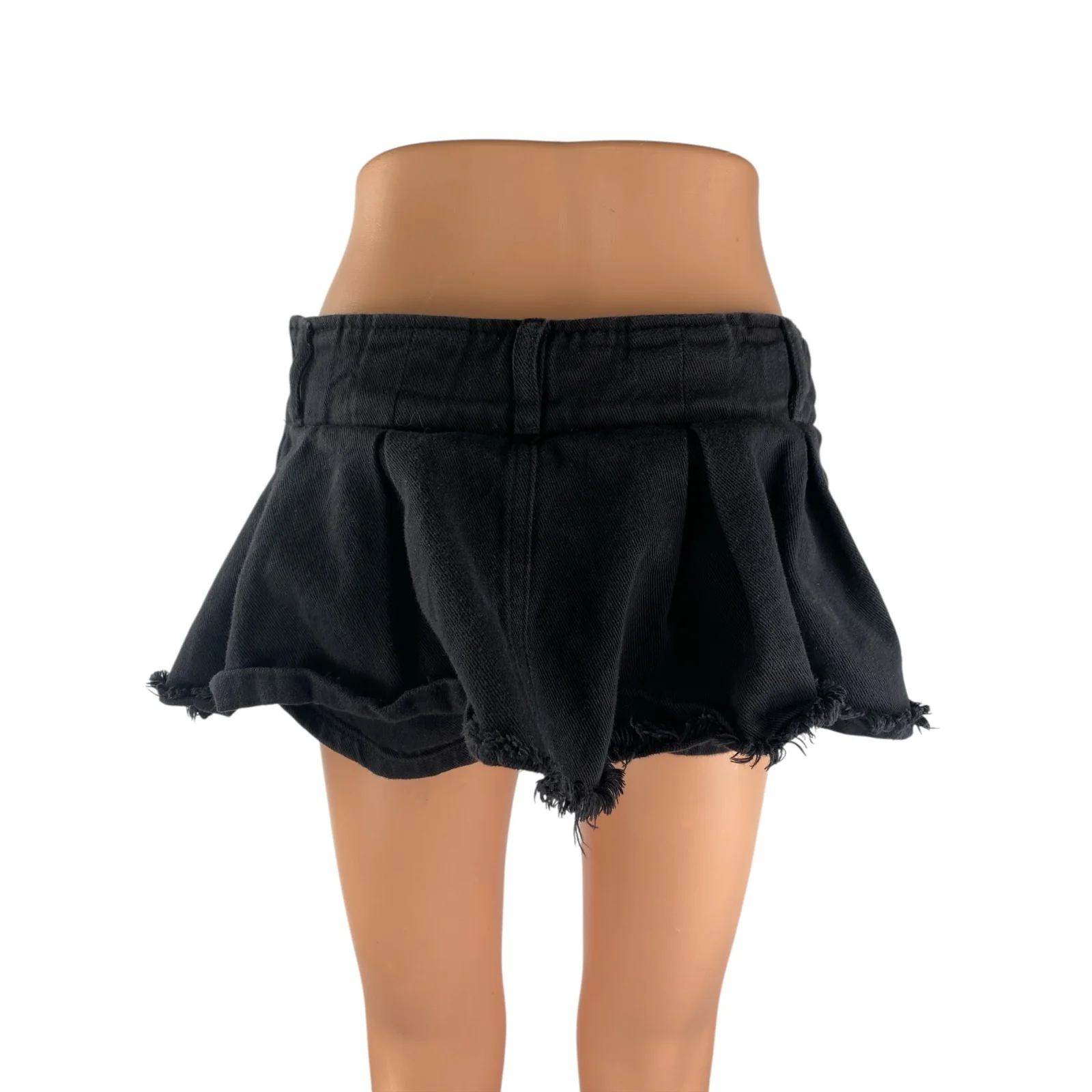 Edikted Black Denim Pleated Raw Frayed Hem Micro Mini Flare A-Line Skirt Size M - Image 2