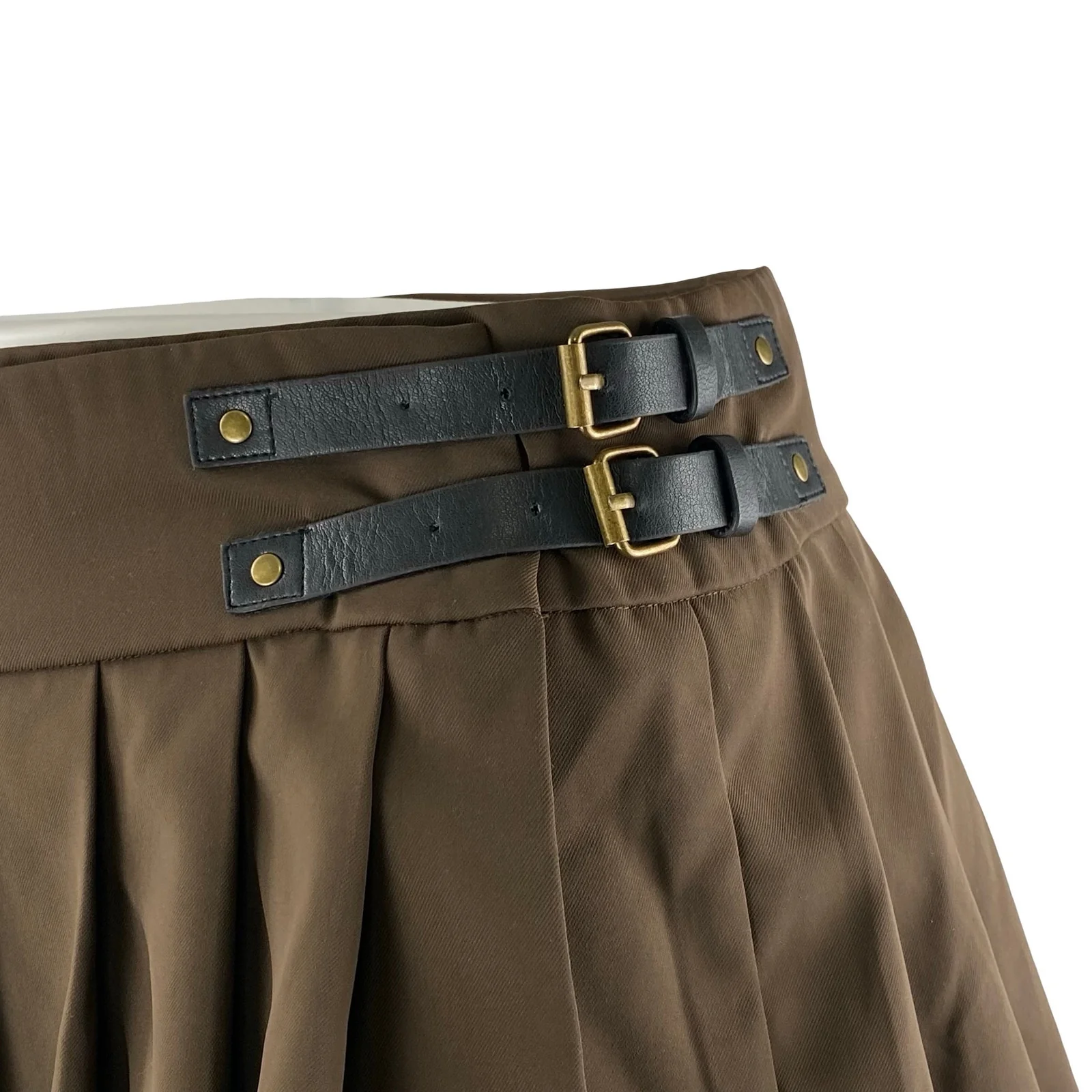 Edikted Polina Women Brown Double Belt Pleated Mini Skater Flare A-Line Skirt XL - Image 2