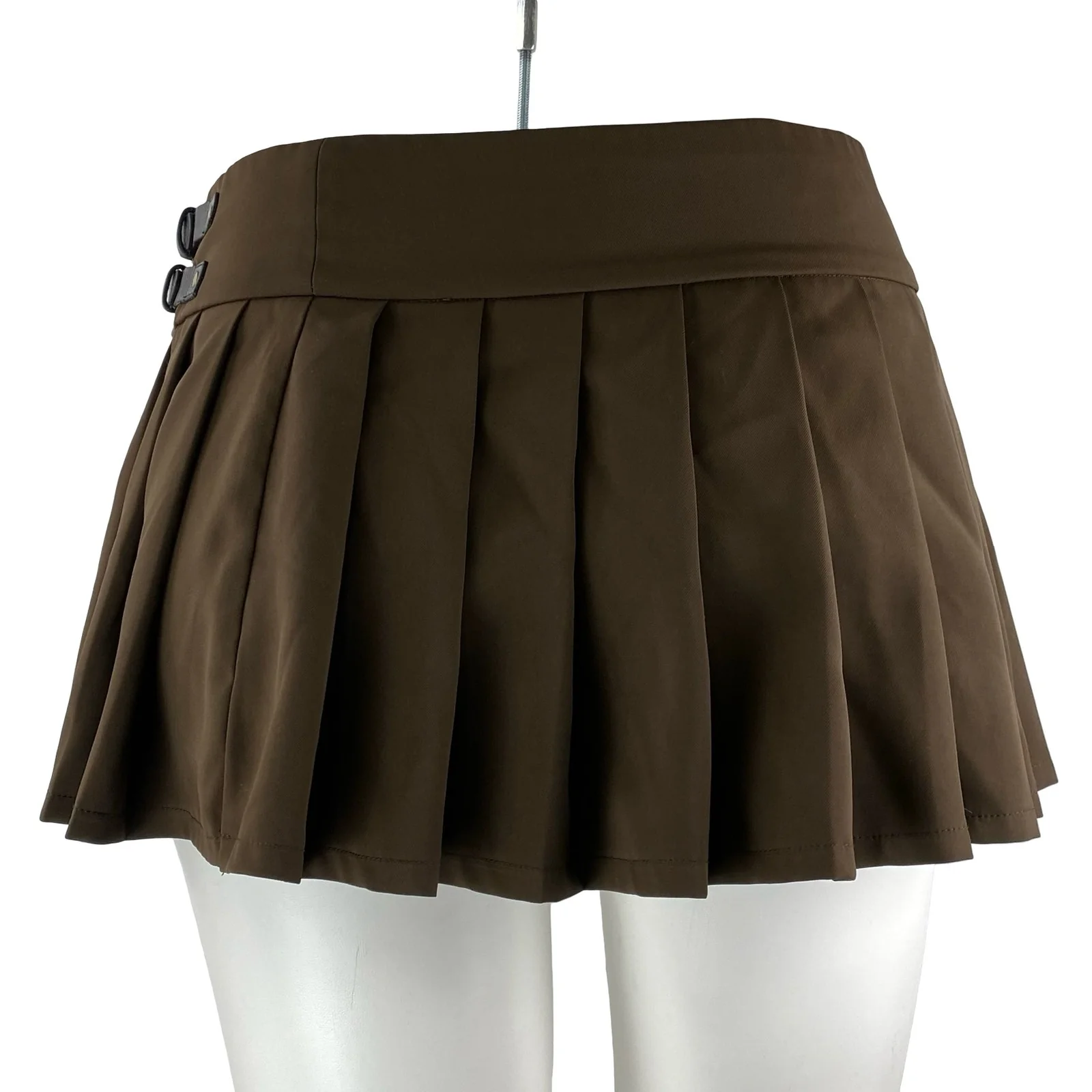 Edikted Polina Women Brown Double Belt Pleated Mini Skater Flare A-Line Skirt XL - Image 4