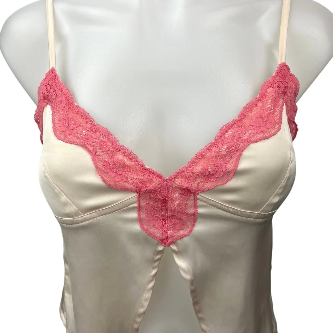 Edikted White Pink Lace Silk Satin Cami Camisole Spaghetti Strap Crop Tank Top S - Image 3