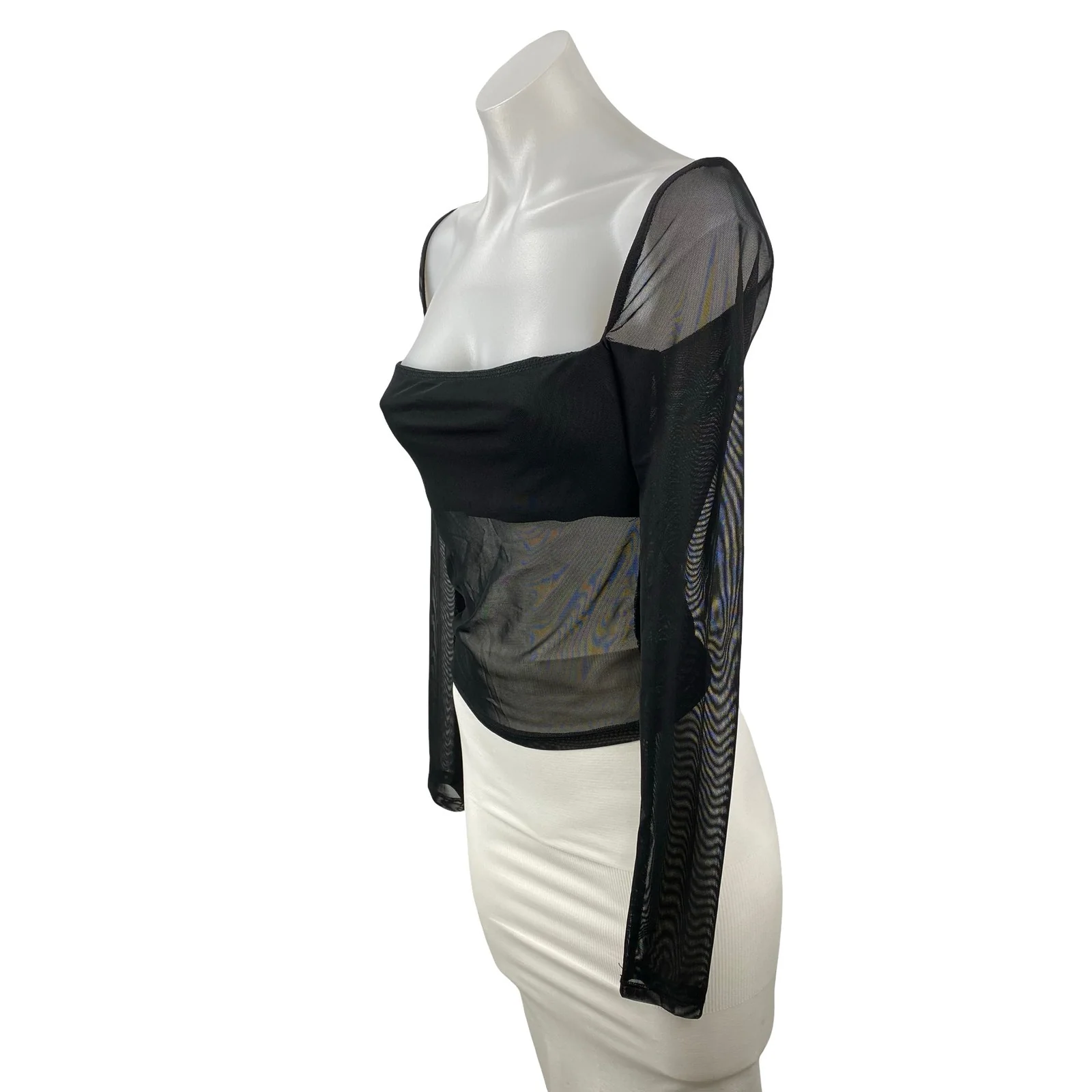 Edikted Women Black Mesh Sheer Bandeau Square Neck Long Sleeve Blouse Top Size S - Image 2