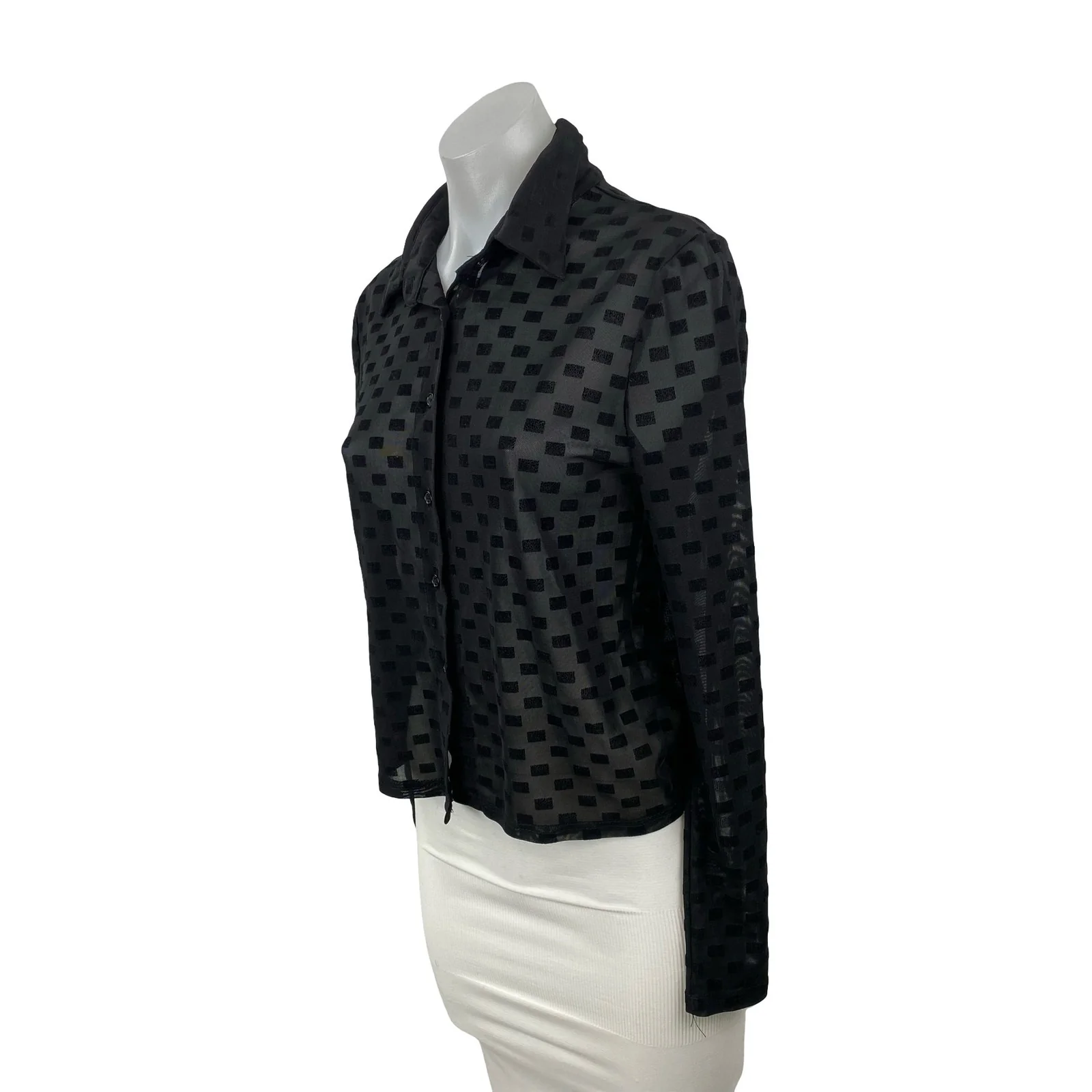 Edikted Womens Black Check Blocks Long Sleeve Sheer Button Down Shirt Top Size 1 - Image 2