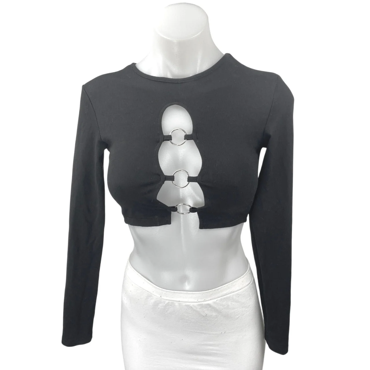 Edikted Women's Black Cutout Crewneck Long Sleeve Knit Crop Sweater Top Size XS