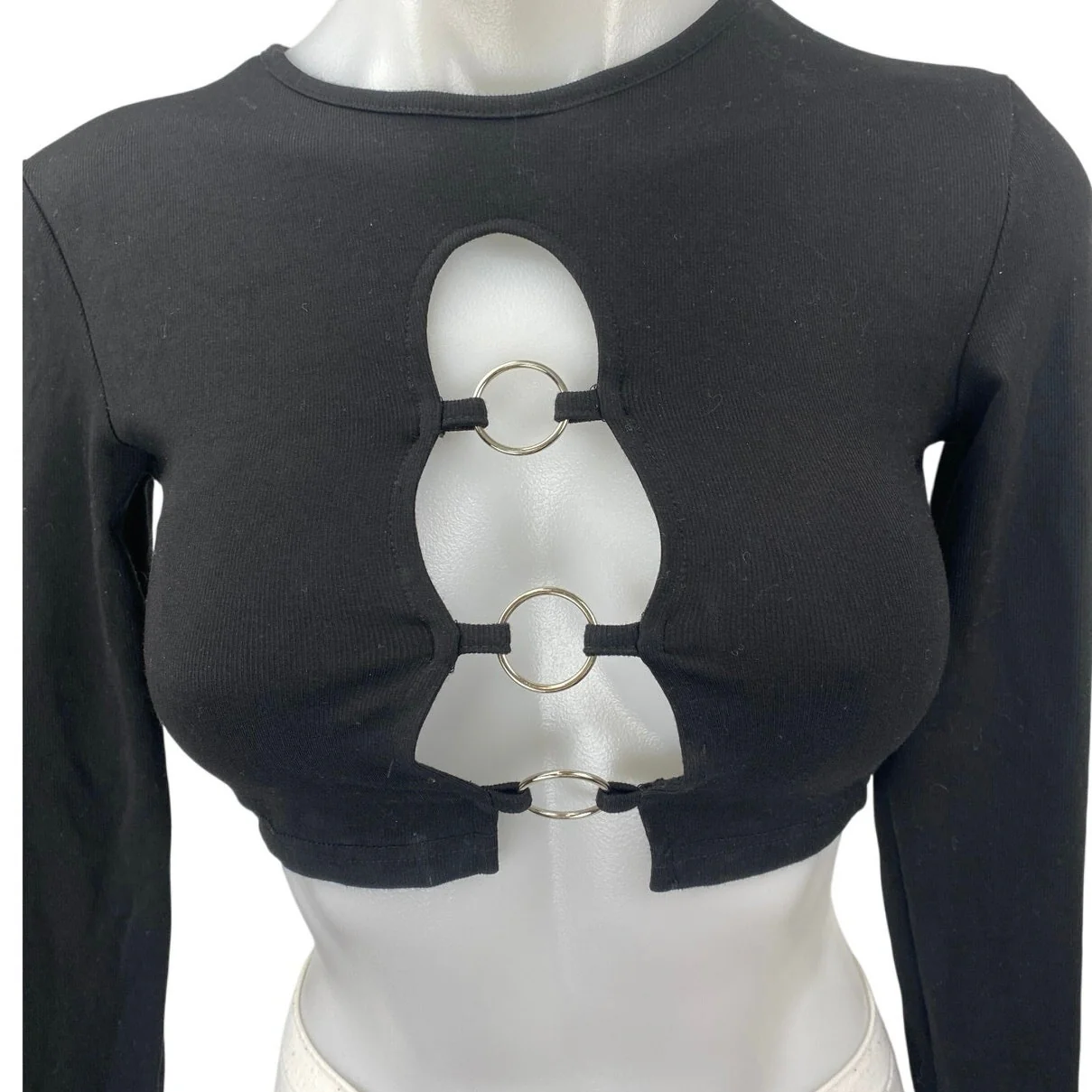 Edikted Women's Black Cutout Crewneck Long Sleeve Knit Crop Sweater Top Size XS - Image 3