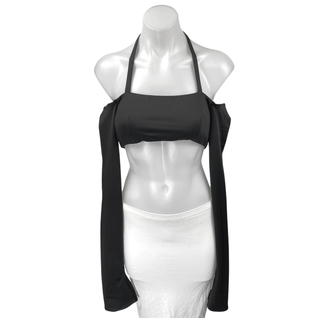 Edikted Women's Black Halter Tie Long Cold Shoulder Backless Cropped Top Size S
