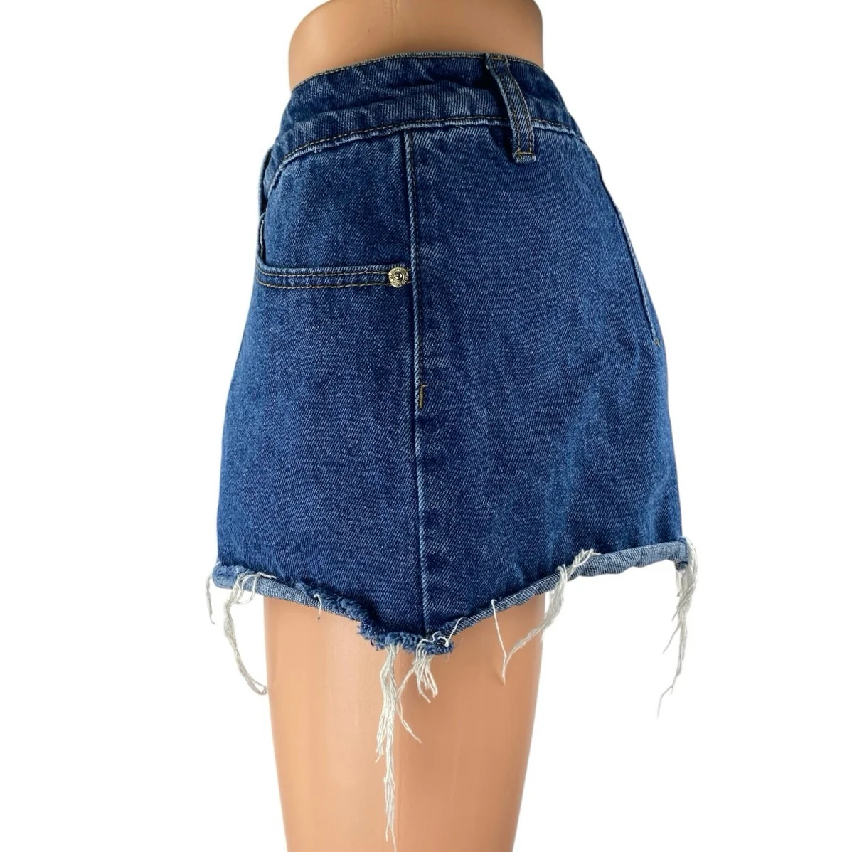 Edikted Women's Blue Frayed Raw Hem Distressed Mini Denin Jeans Skirt Skort Sz L - Image 2