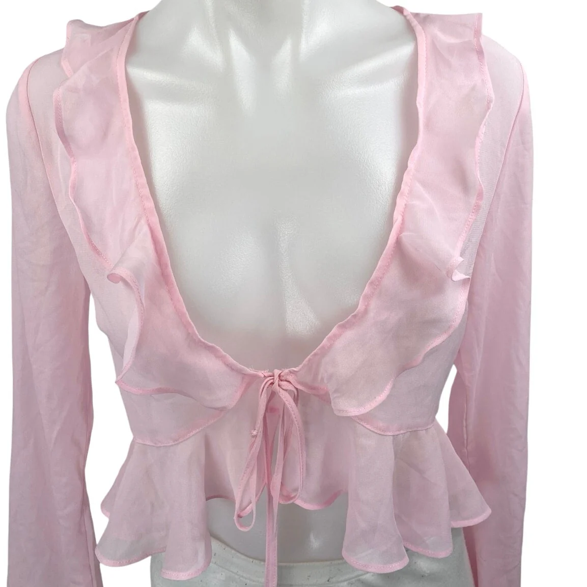 Edikted Women's Pink Long Sleeve Ruffle Plunge Tie Peplum Blouse Crop Top Size S - Image 3
