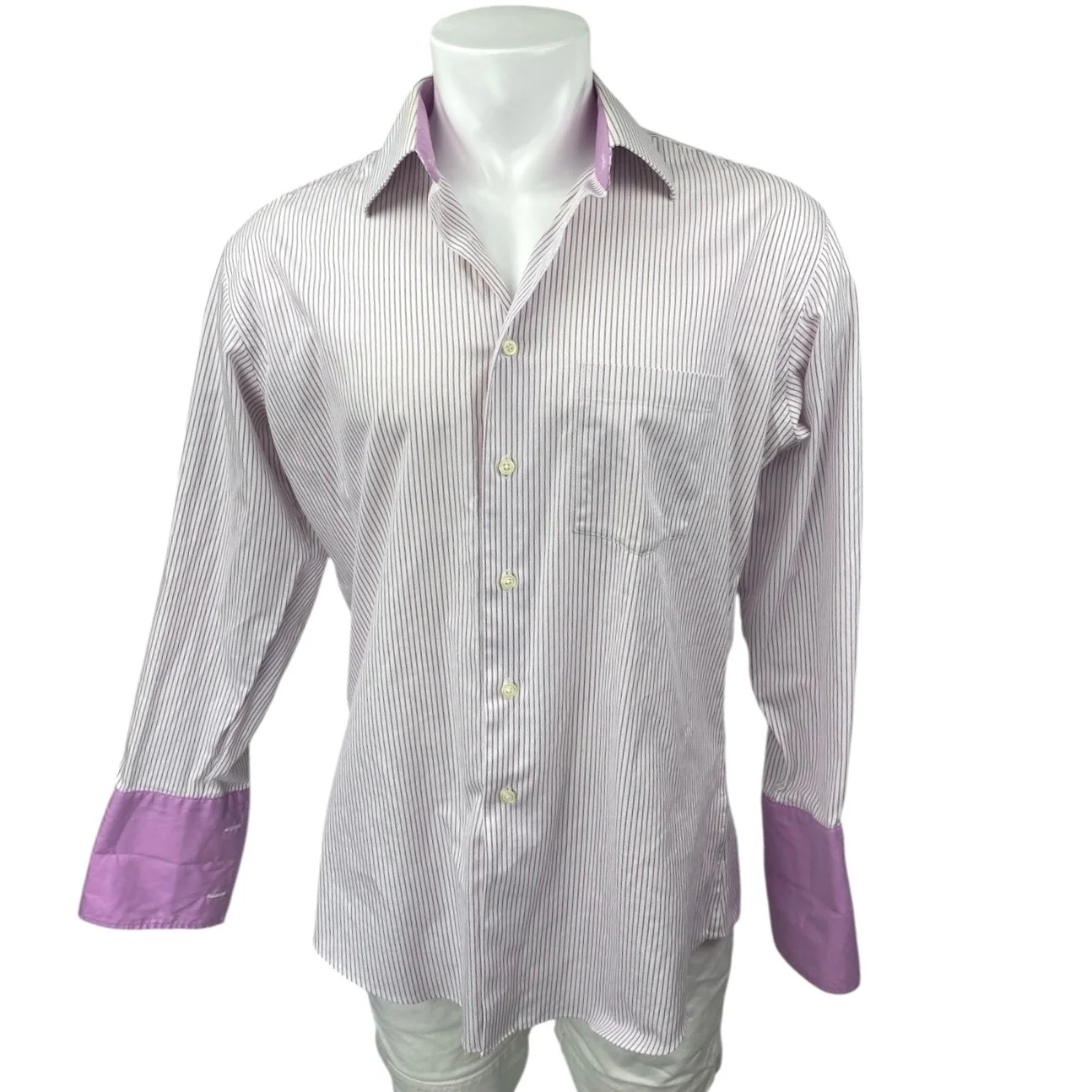 Egara Men's White Purple Striped Long Sleeve Collar Button Pocket Shirt Top 16