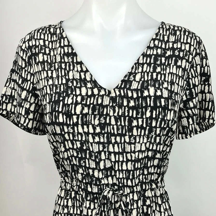 Eileen Fisher Black White 100% Silk V Neck Short Sleeve Tie Waist Mini Dress XS - Image 3