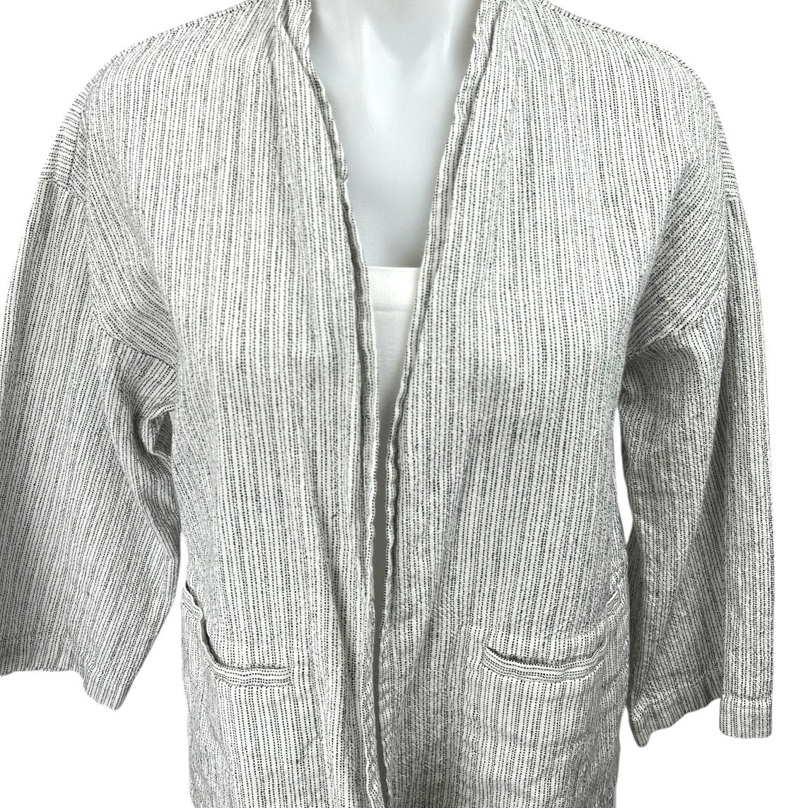 Eileen Fisher Women's Gray Black Striped Pocket Open Cardigan Sweater Top Size S - Image 3