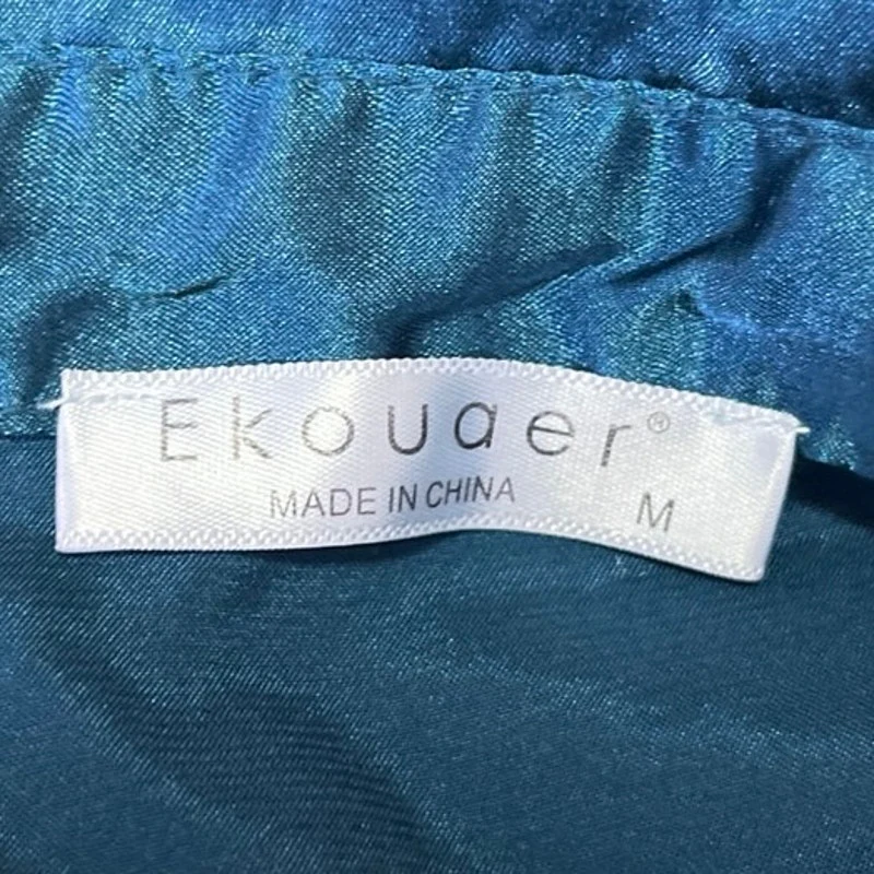 Ekouaer Blue Silk Satin Long Sleeve Collar Button Mini Nightgown Shirt Dress M - Image 4